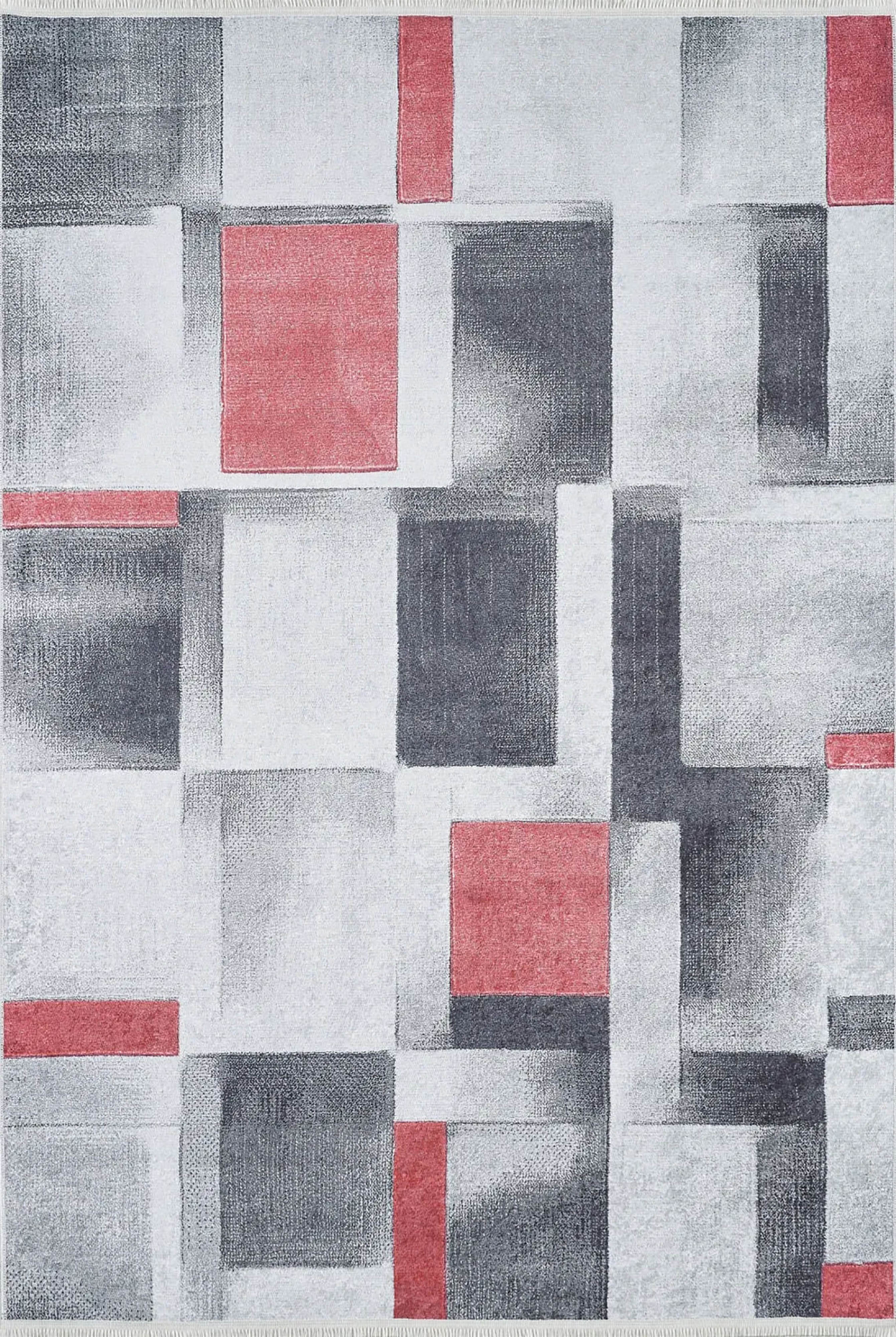 Gri Kırmızı Modern Geometrik Halı - Pera Halı