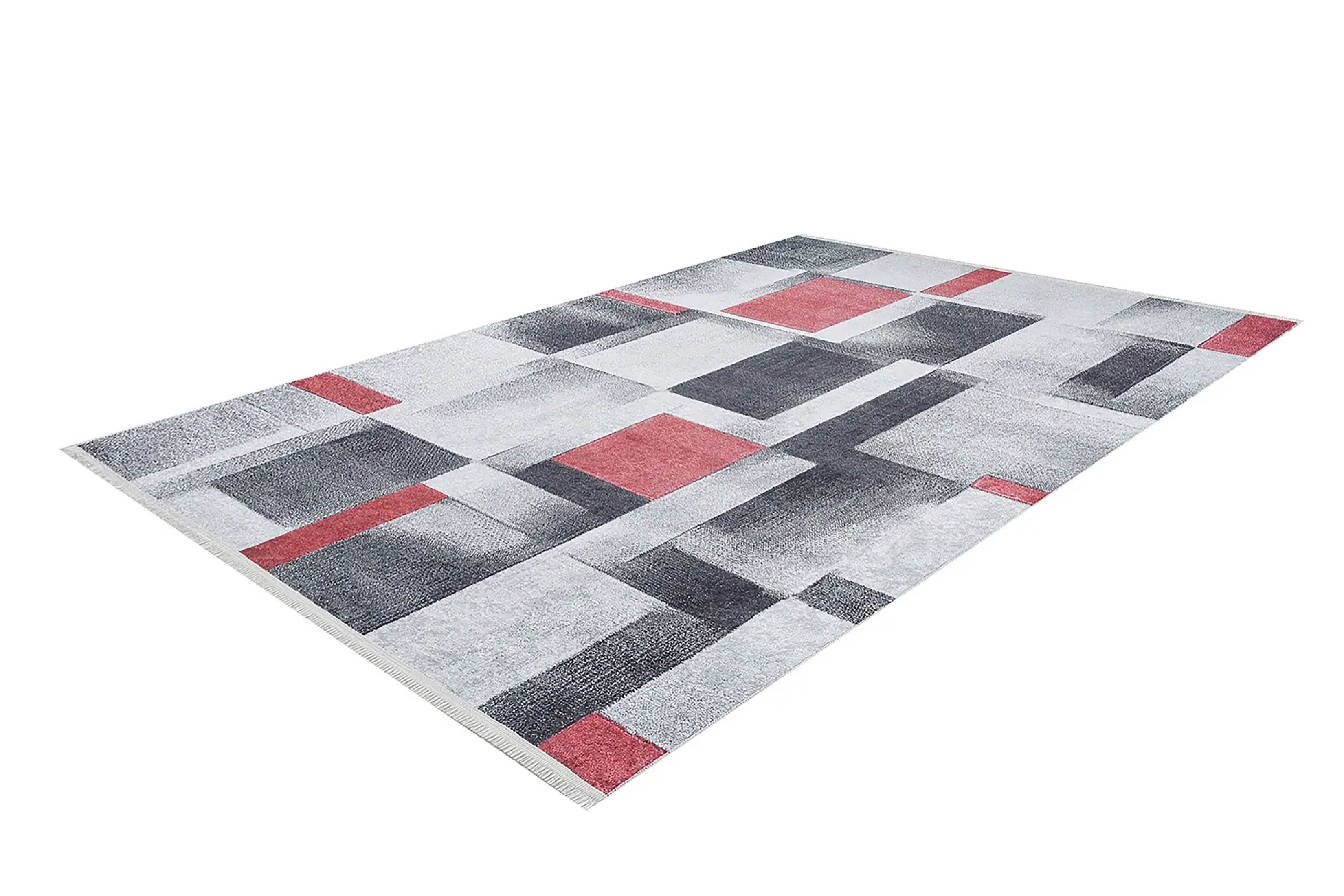Gri Kırmızı Modern Geometrik Halı - Pera Halı