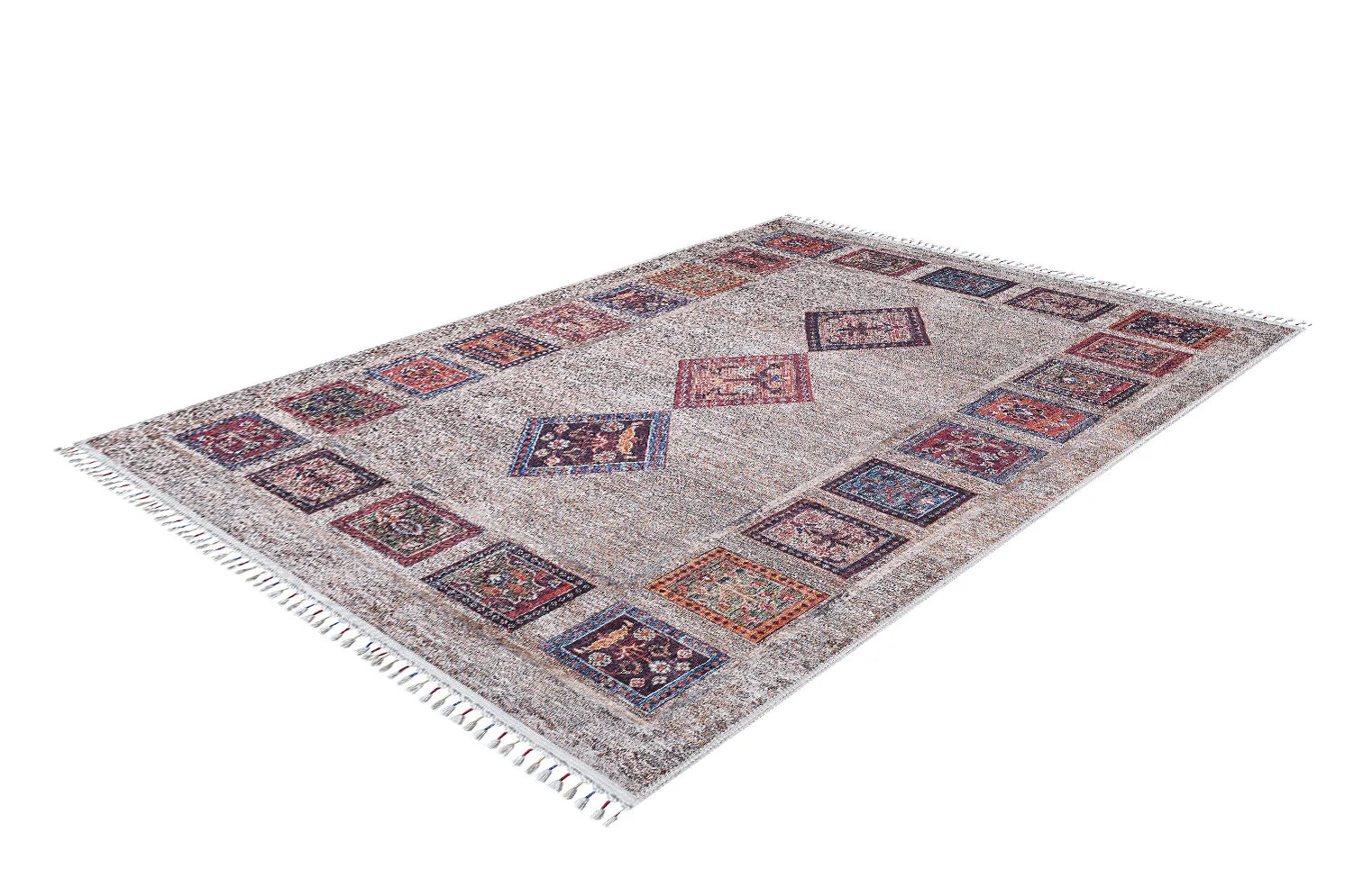 Örgü Saçaklı Bej Toprak Çok Renkli Halı