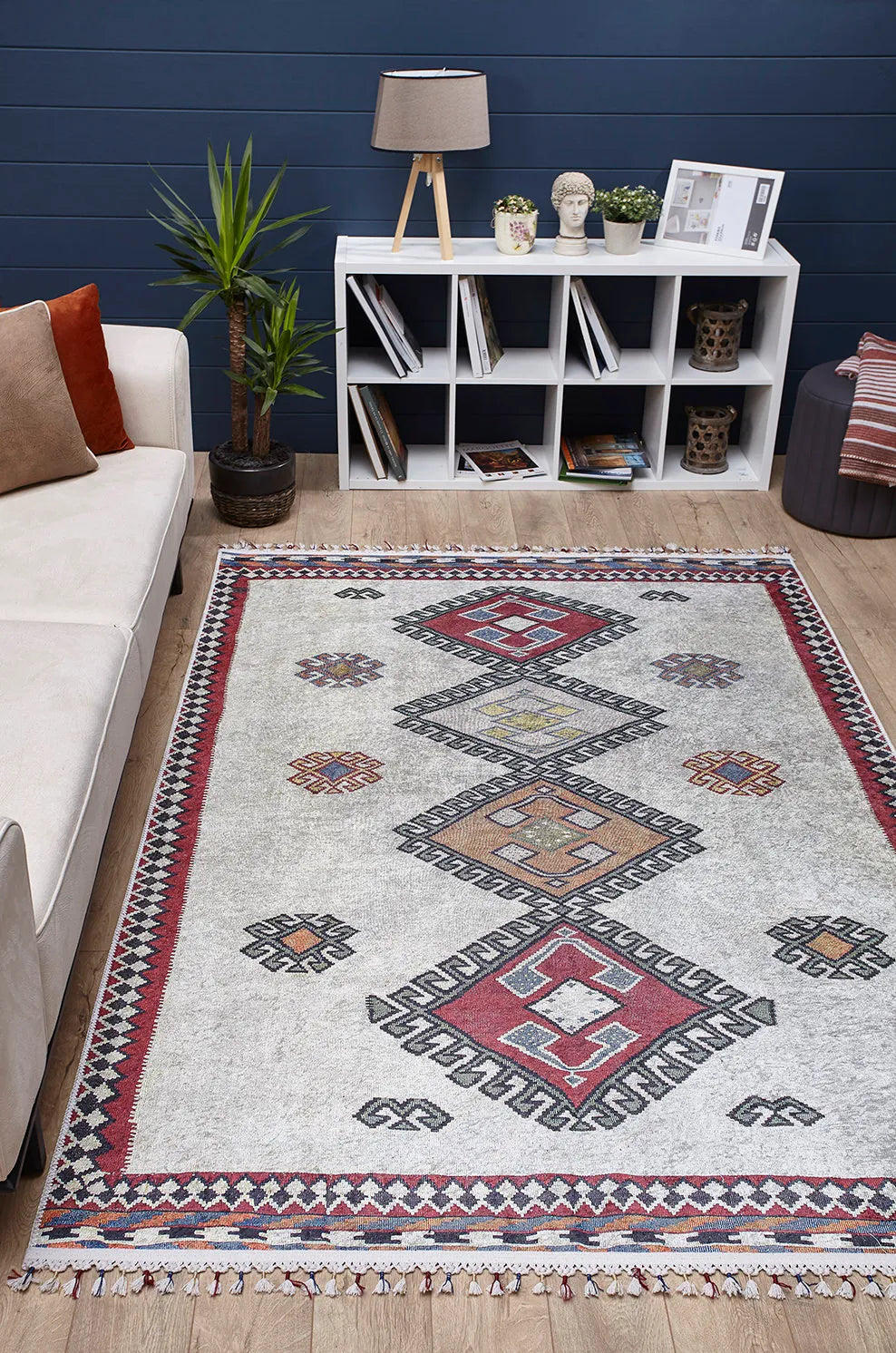 Pale Pink Cream Beige Geometric Patterned Kilim Rug