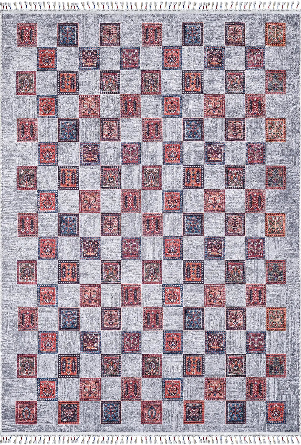 Örgü Saçaklı Çok Renkli Otantik Kareli Halı