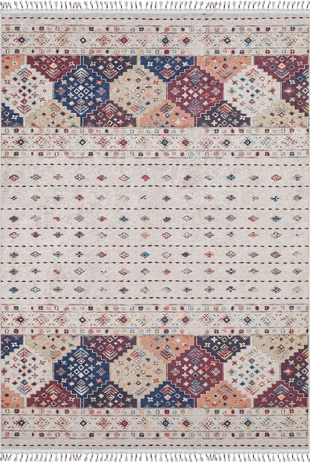 Örgü Saçaklı Bej Etnik Şerit Desenli Halı