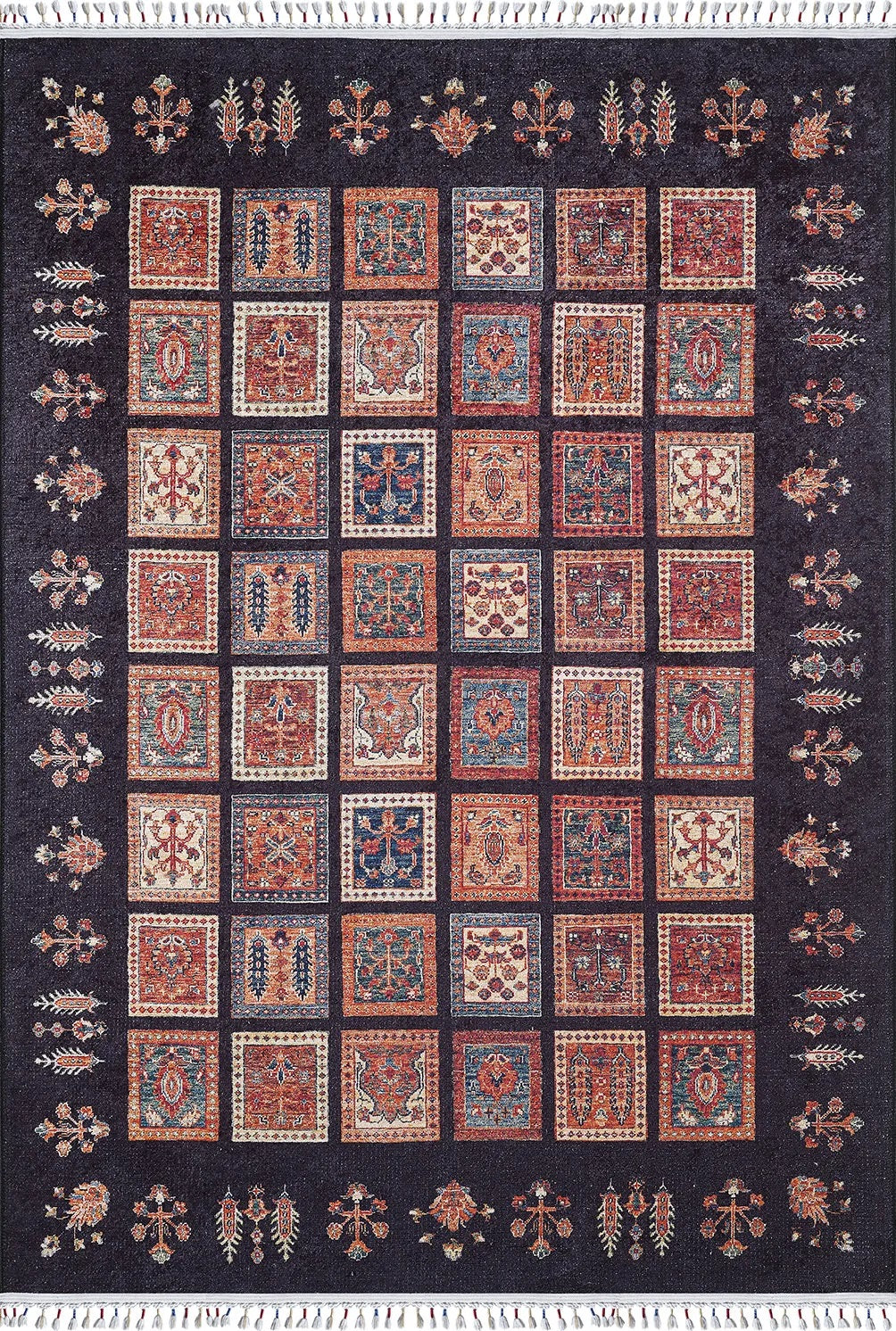 Örgü Saçaklı Siyah Otantik Kareli Halı