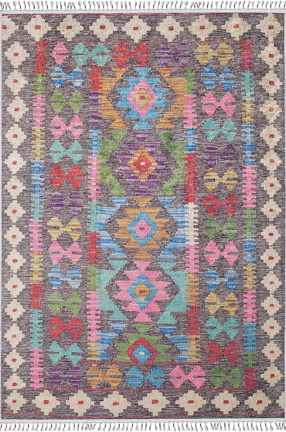 Pale Pink Cream Beige Geometric Patterned Kilim Rug