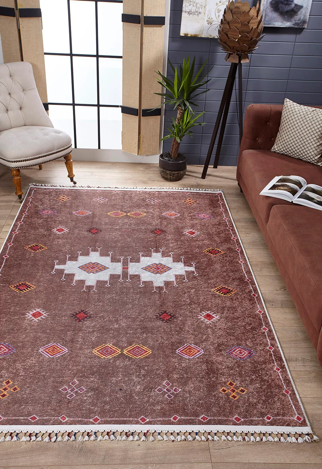 Pale Pink Cream Beige Geometric Patterned Kilim Rug