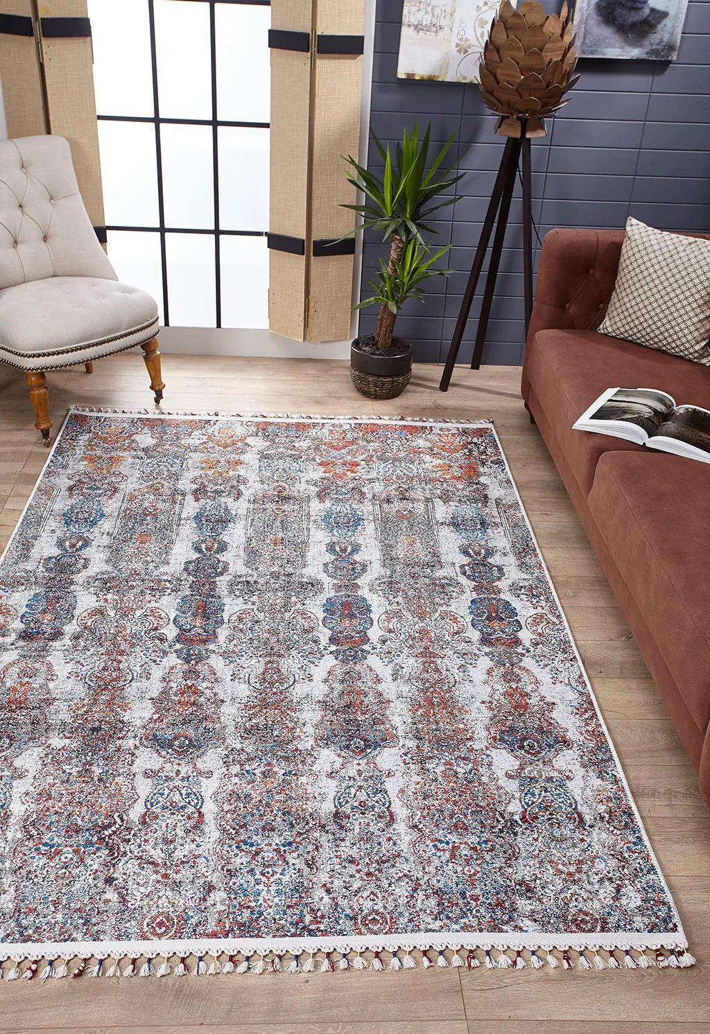 Pale Pink Cream Beige Geometric Patterned Kilim Rug