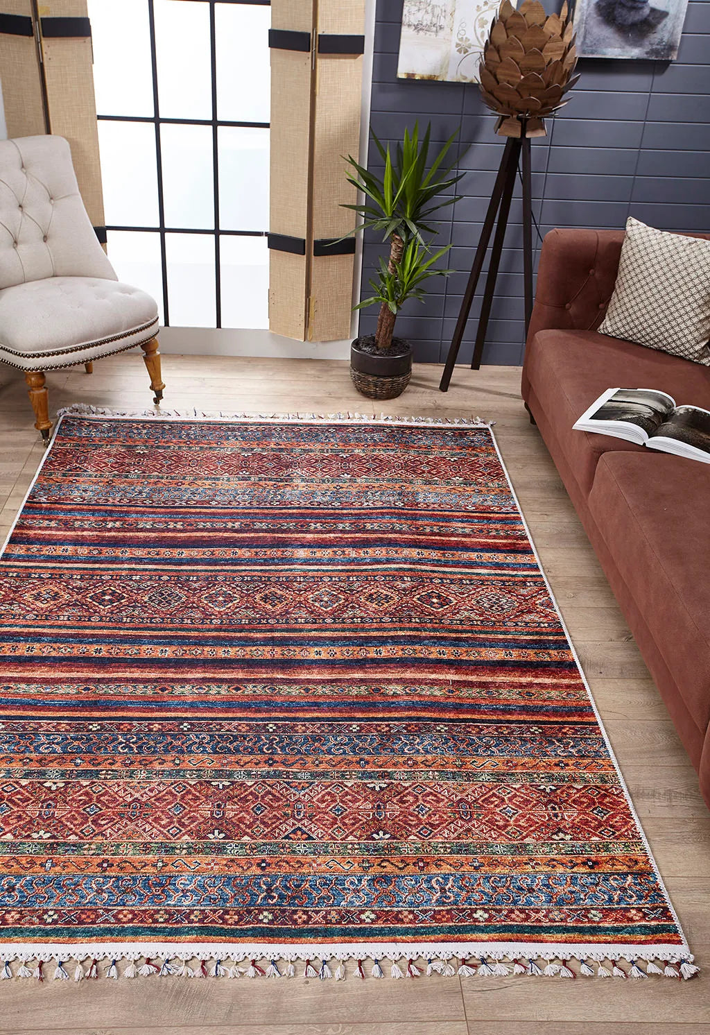 Pale Pink Cream Beige Geometric Patterned Kilim Rug