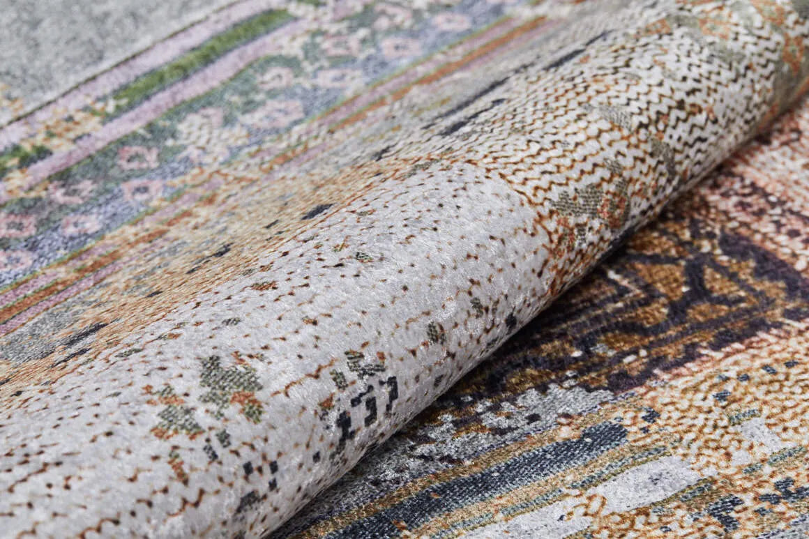 Gri Turuncu Kahve Patchwork Eskitme Halı