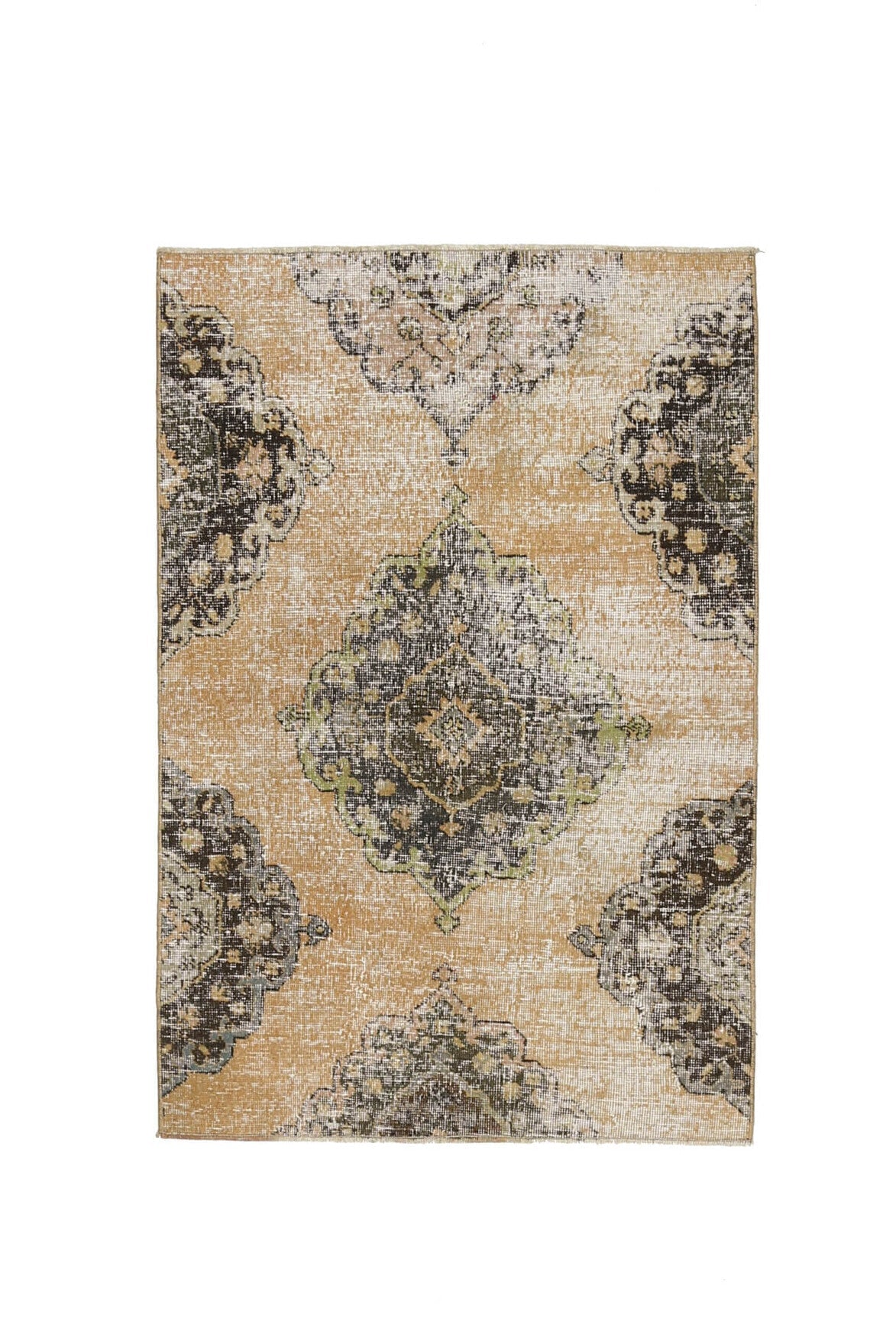98x145 cm turuncu, kahverengi ve bej oryantal desenli el dokuma vintage halı – üstten tam görünüm