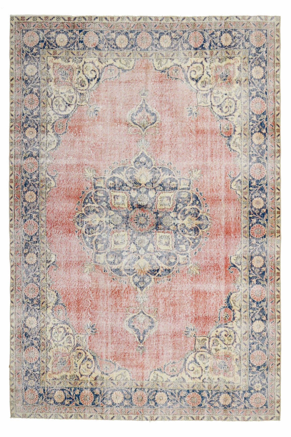 203x305 cm bej, turuncu ve gri oryantal desenli el dokuma vintage halı – üstten tam görünüm