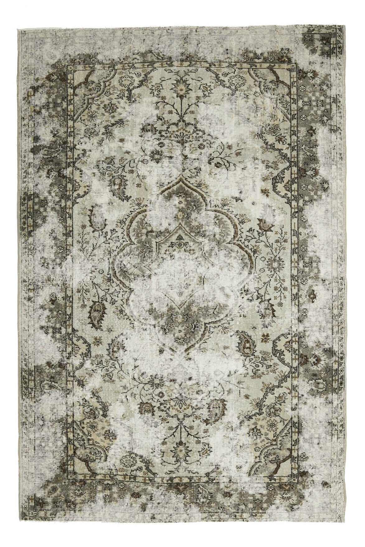 187x290 cm bej çiçek desenli el dokuma vintage halı – üstten tam görünüm