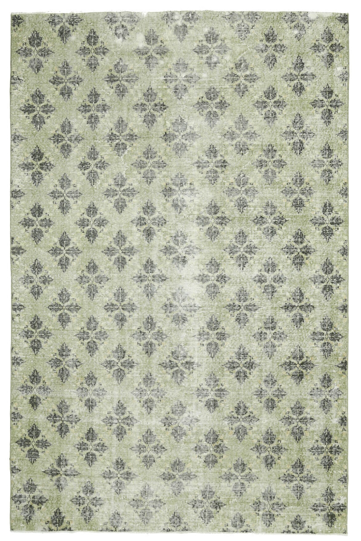182x286 cm yeşil ve gri ikat desenli el dokuma vintage halı – üstten tam görünüm