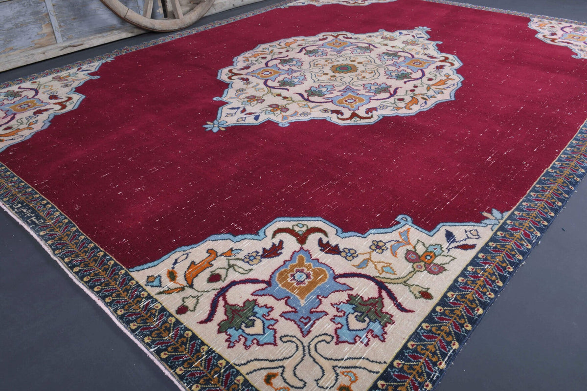 El yapımı vintage halı 244x366 cm oryantal desenli yün - yakın çekim doku detayı