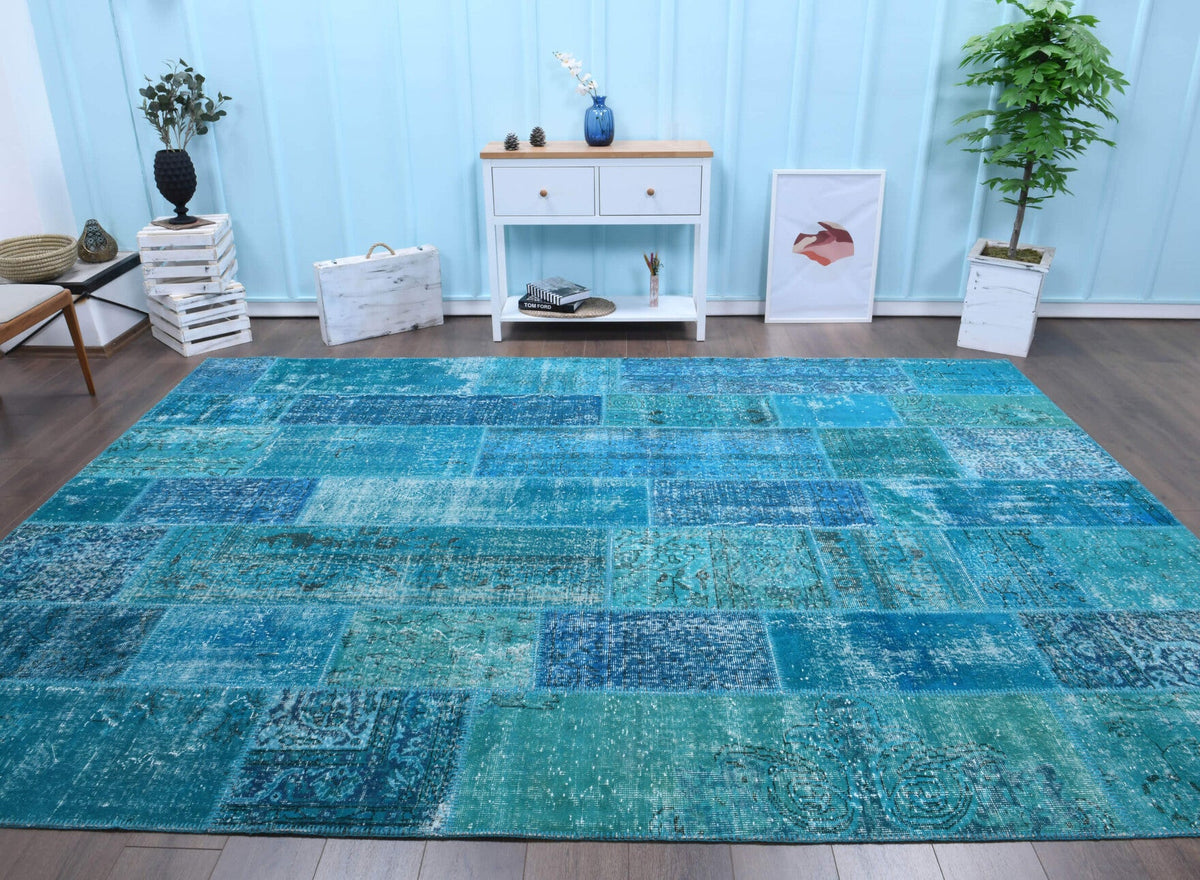 El yapımı vintage halı 254x353 cm i̇kat desenli yün - detay görünümü