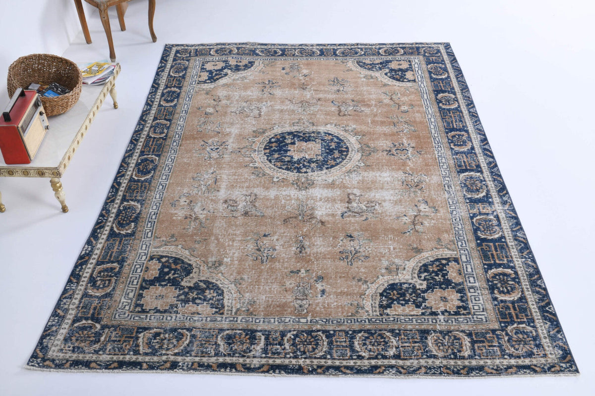 El yapımı vintage halı 201x279 cm oryantal desenli yün - detay görünümü
