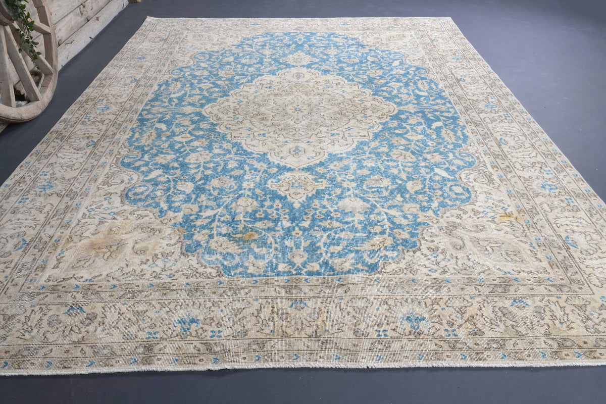 El yapımı vintage halı 259x363 cm oryantal desenli yün - yakın çekim doku detayı