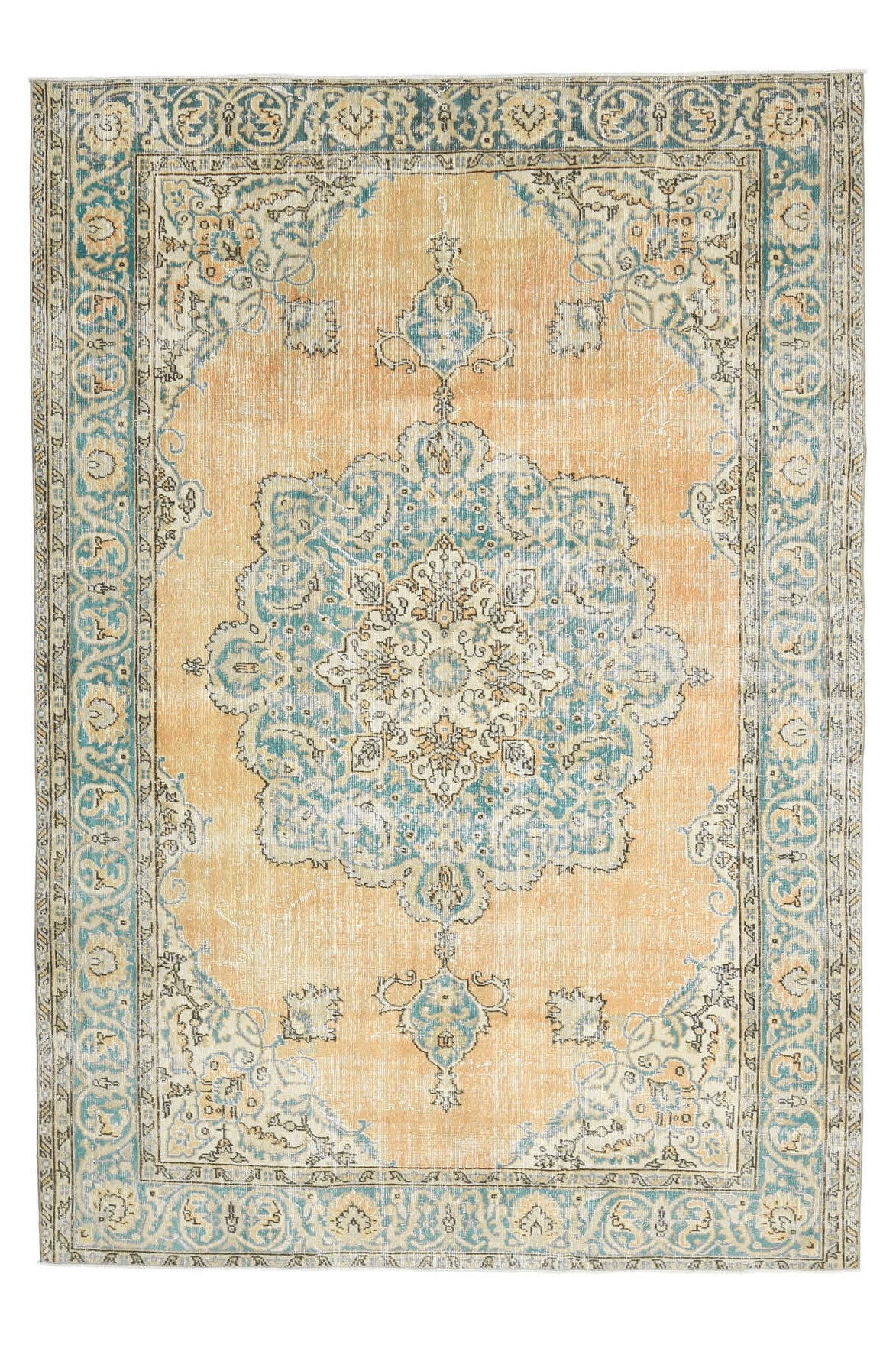 205x297 cm bej, turuncu ve yeşil oryantal desenli el dokuma vintage halı – üstten tam görünüm