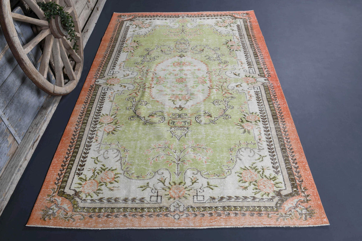 190x300 cm bej, mavi ve gri oryantal desenli el dokuma vintage halı – üstten tam görünüm