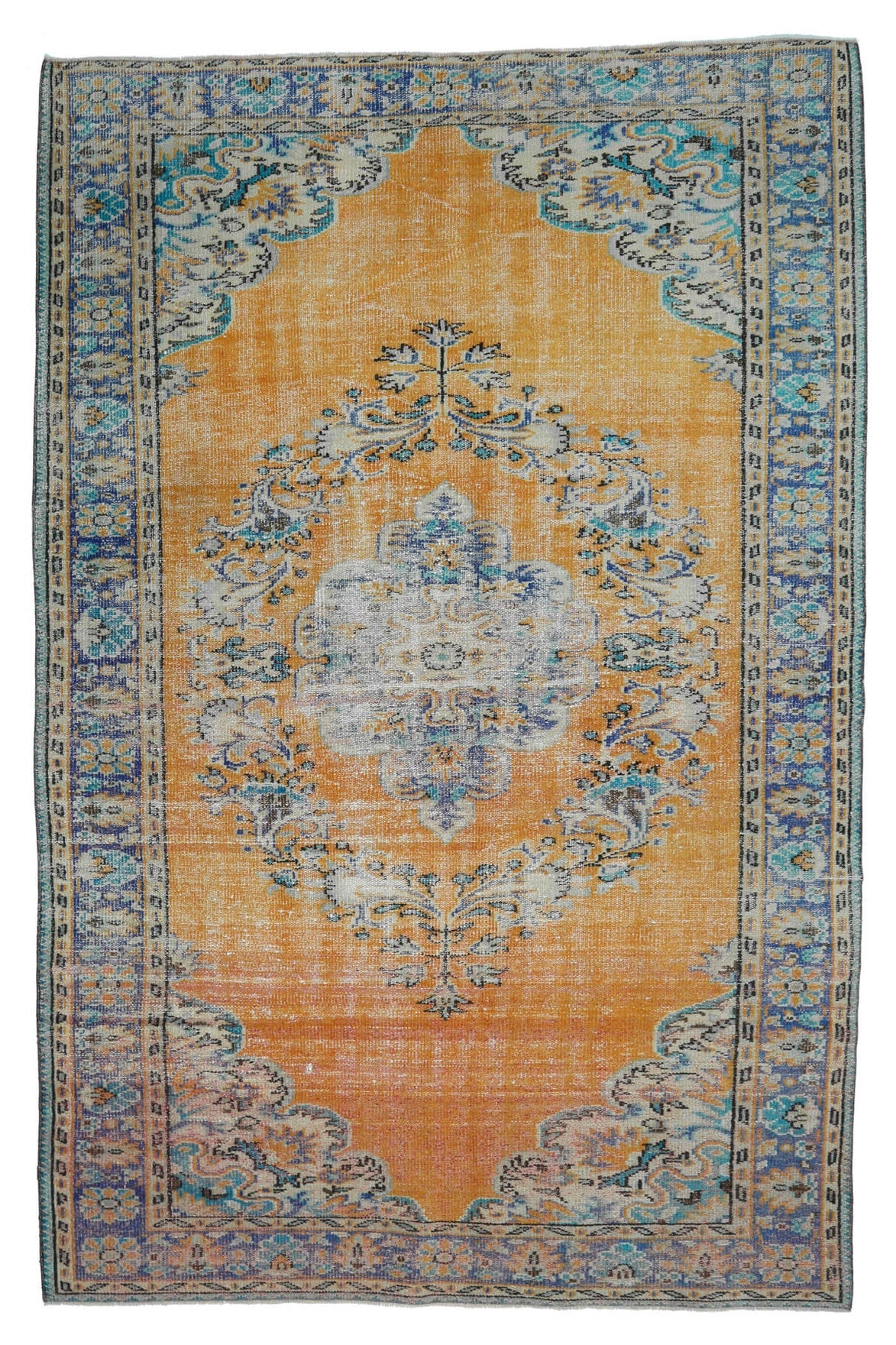 185x290 cm turuncu, gri ve mavi oryantal desenli el dokuma vintage halı – üstten tam görünüm