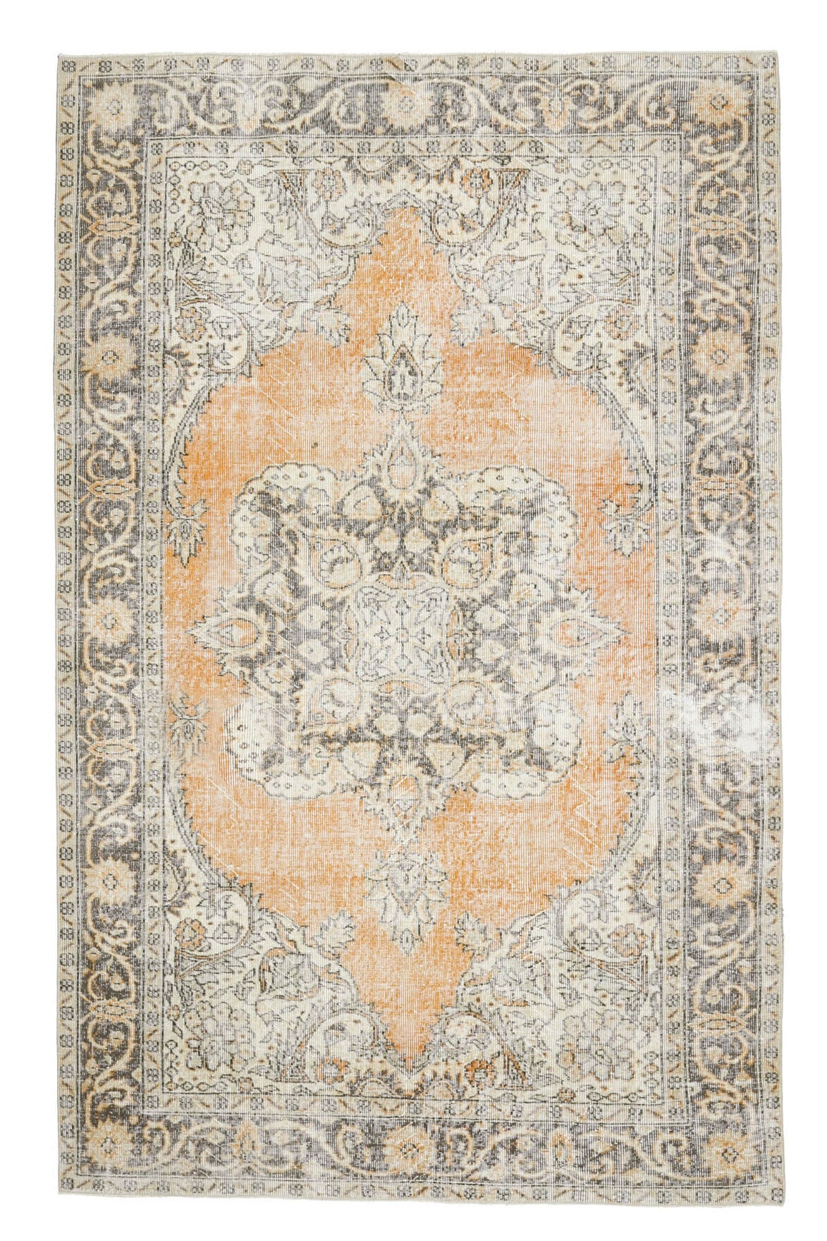 182x288 cm bej ve turuncu oryantal desenli el dokuma vintage halı – üstten tam görünüm