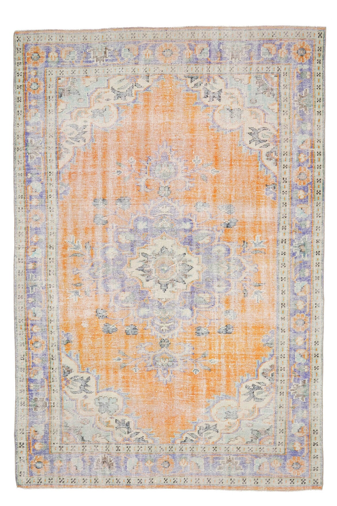 183x276 cm turuncu, bej ve gri oryantal desenli el dokuma vintage halı – üstten tam görünüm
