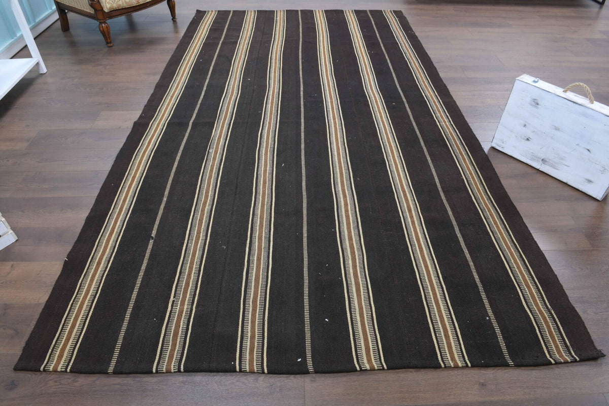 El yapımı vintage halı 188x335 cm çizgili desenli yün - yakın çekim doku detayı