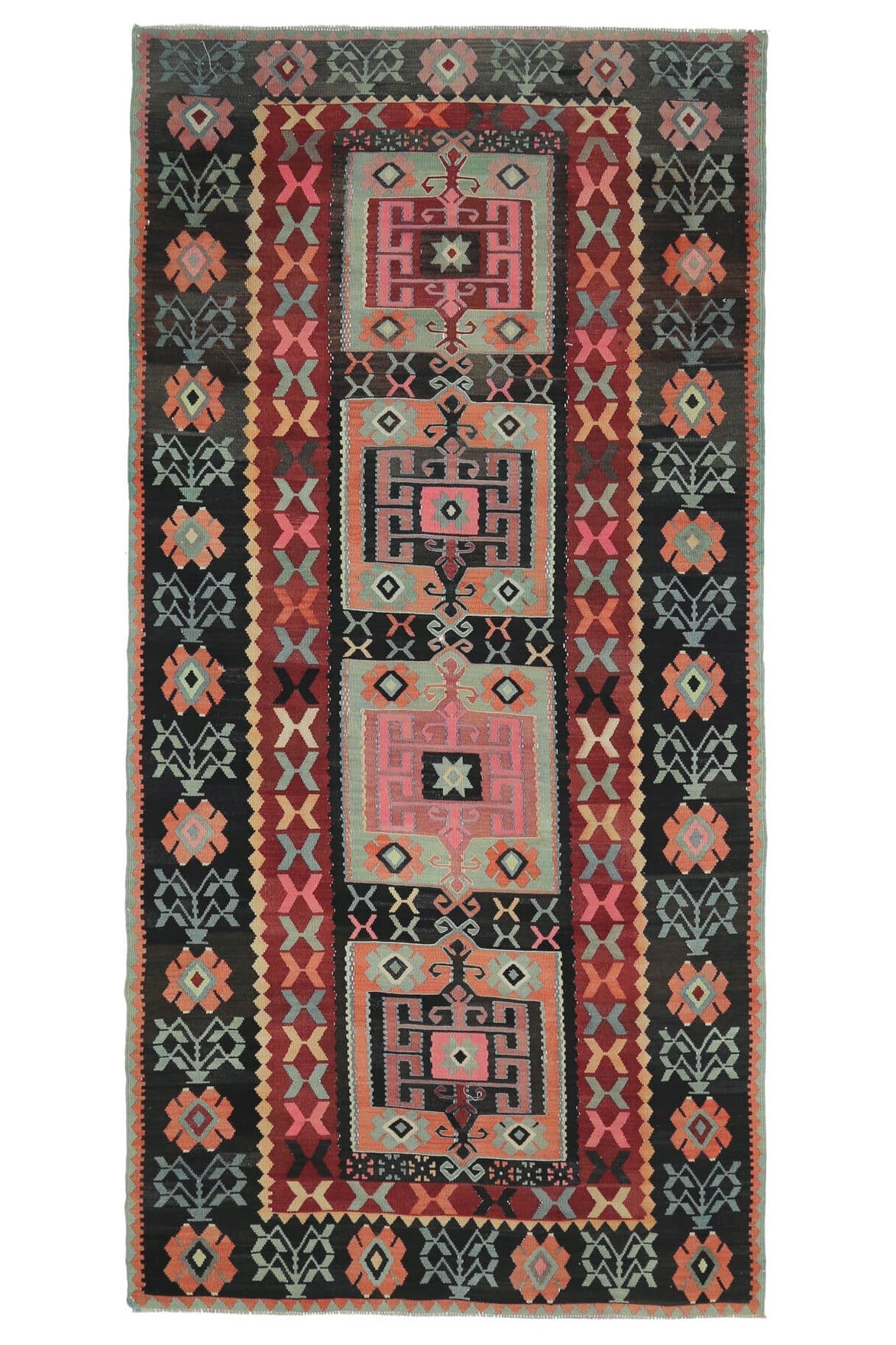 El yapımı vintage yolluk 147x310 cm oryantal desenli yün - üstten görünüm