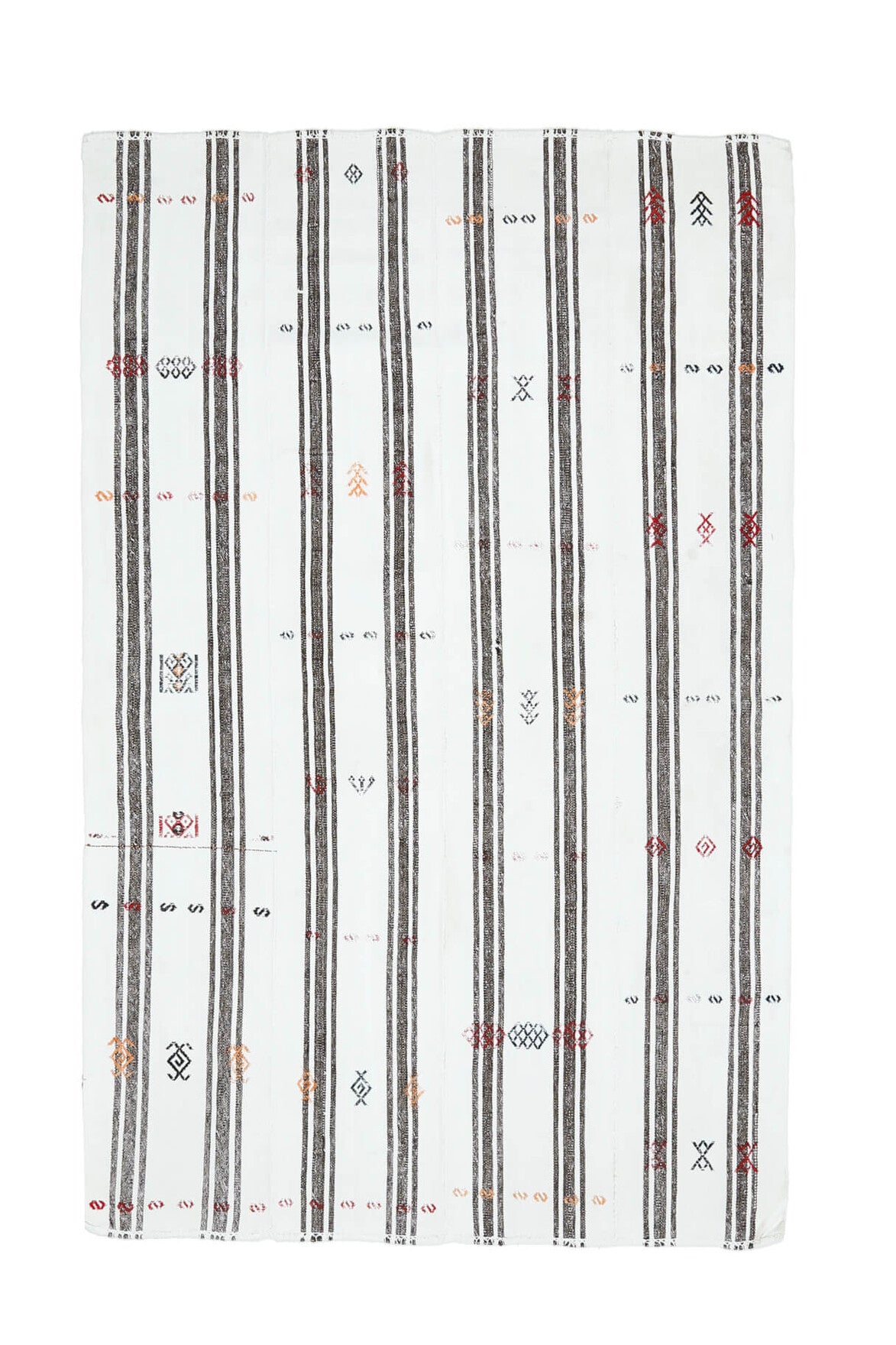 165x260 cm gri ve beyaz çizgili el dokuma vintage kilim – üstten tam görünüm
