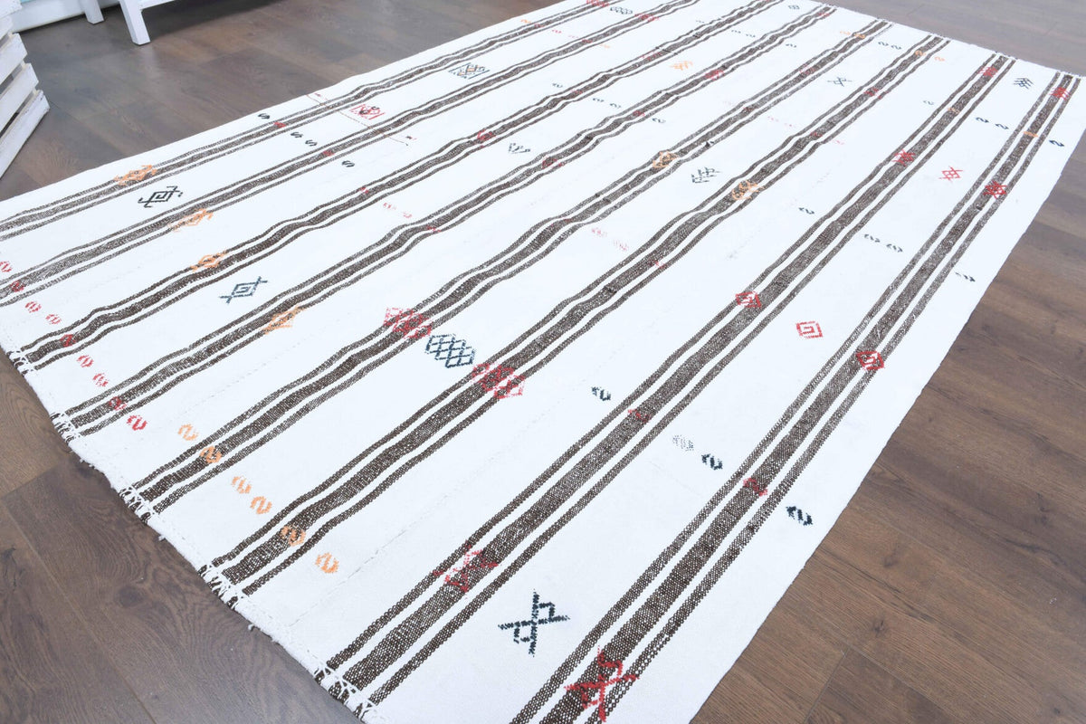 El yapımı vintage halı 165x259 cm çizgili desenli yün - yakın çekim doku detayı
