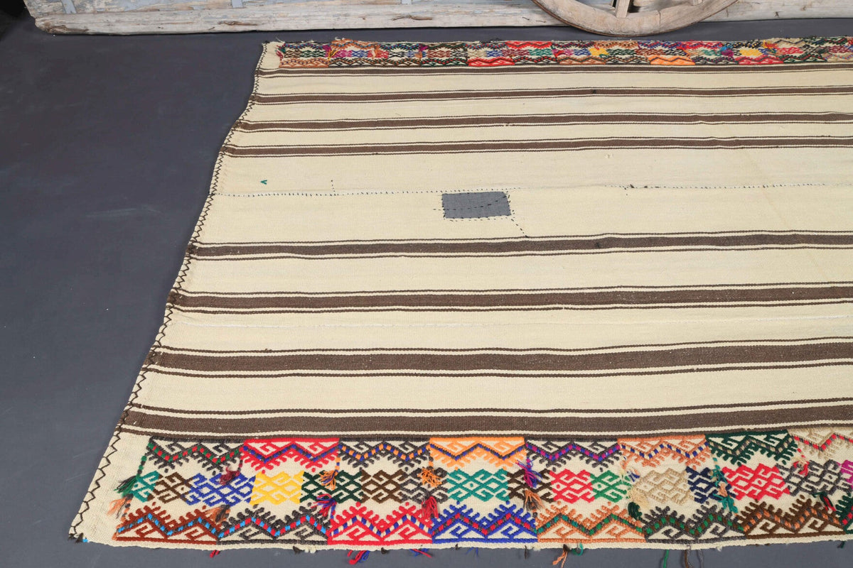 El yapımı vintage halı 178x287 cm çizgili desenli yün - yakın çekim doku detayı