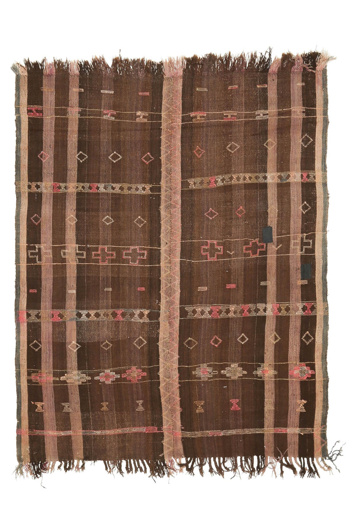 185x230 cm kahverengi ve turuncu çizgili el dokuma vintage kilim – üstten tam görünüm