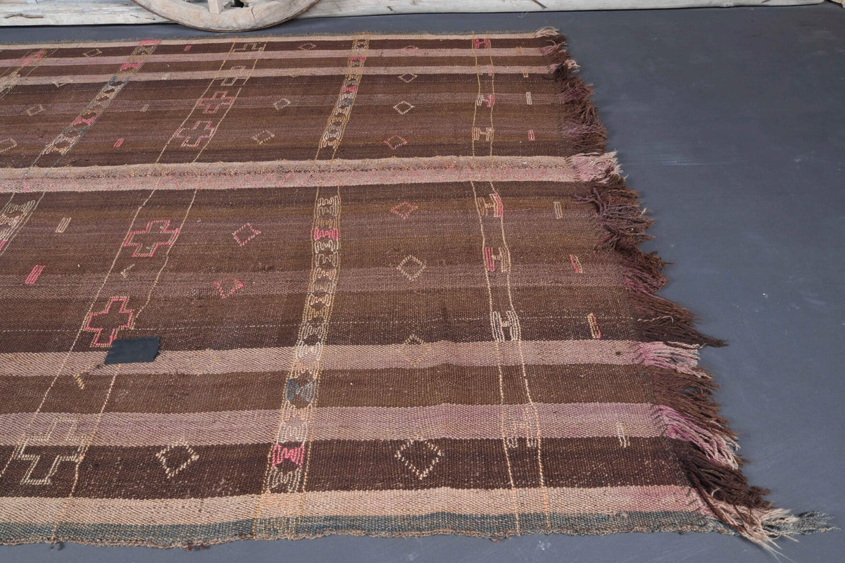 Kahverengi ve turuncu renkli el dokuma vintage kilim, %100 yün dokuma