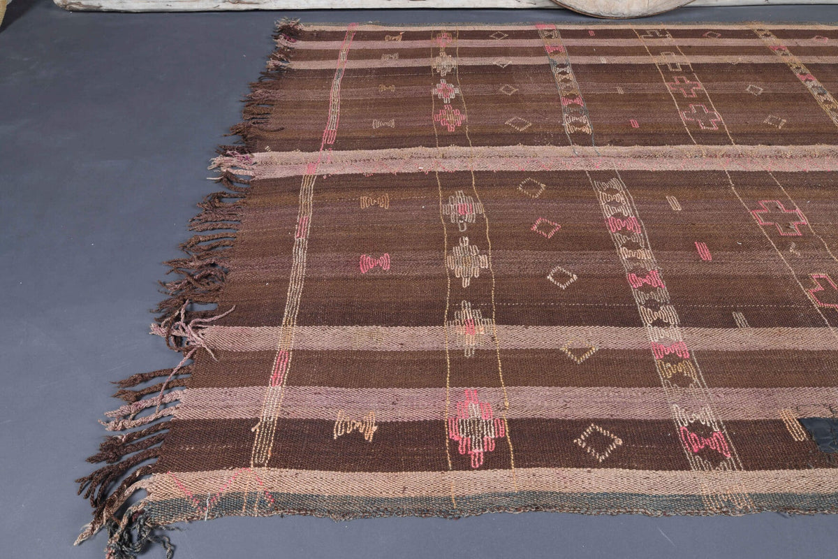 El yapımı vintage halı 185x229 cm çizgili desenli yün - yakın çekim doku detayı