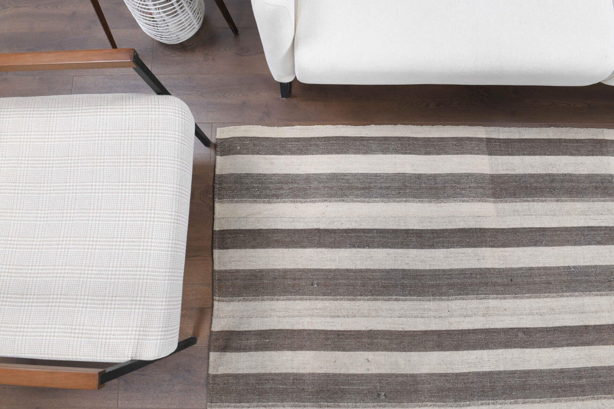 Bej ve kahverengi renkli el dokuma vintage kilim, %100 yün dokuma