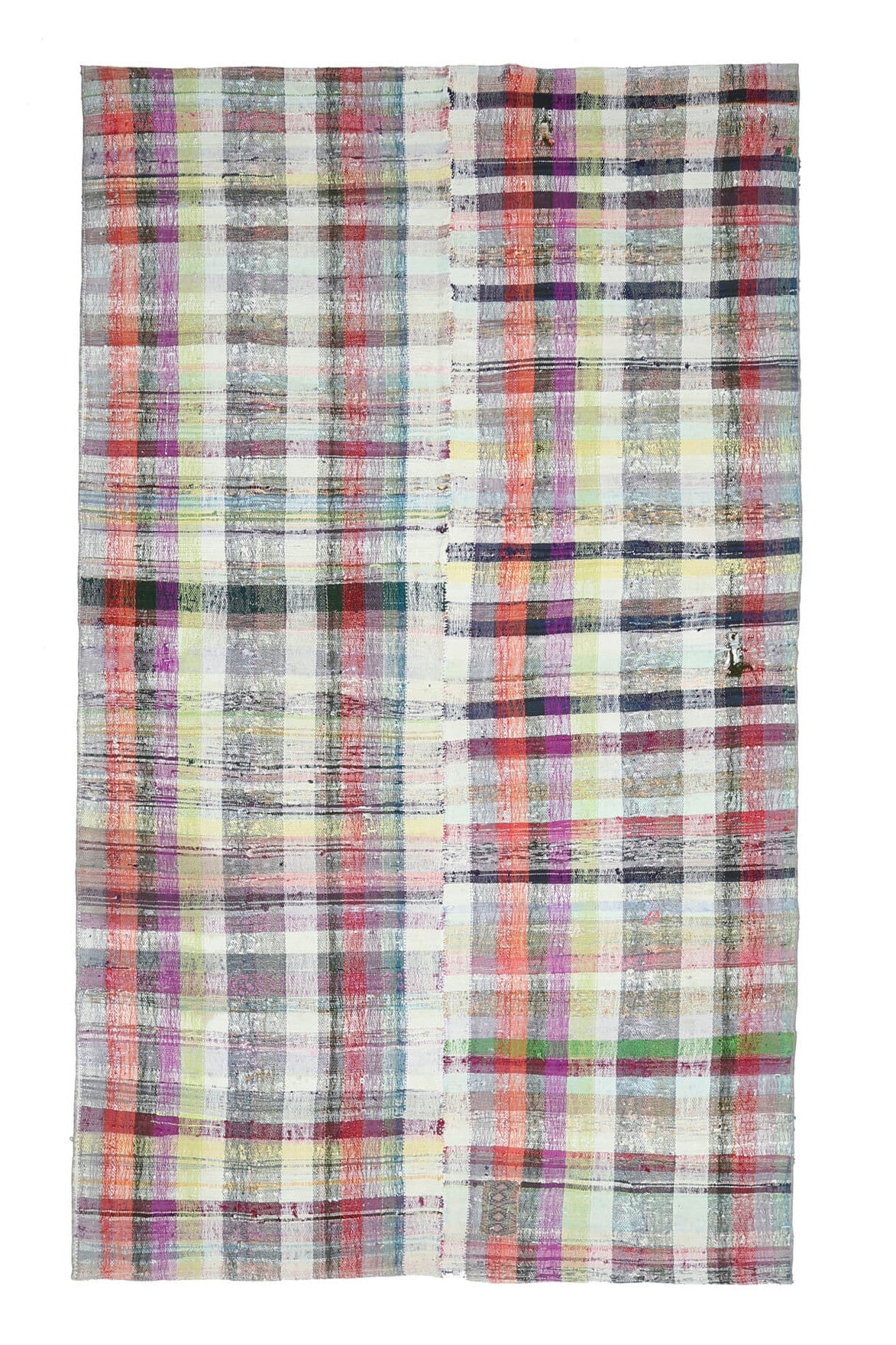 182x310 cm gri, pembe ve beyaz kareli el dokuma vintage kilim – üstten tam görünüm