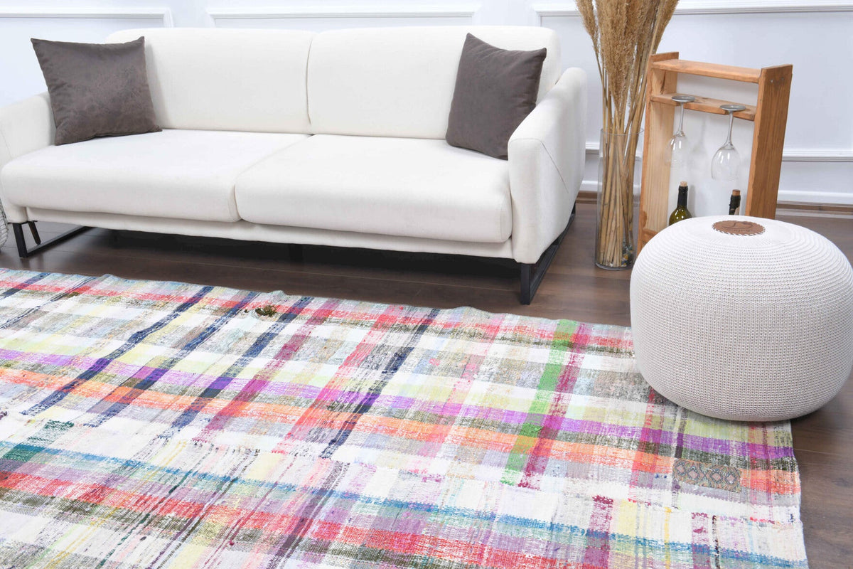 El yapımı vintage halı 183x310 cm kareli desenli yün - yakın çekim doku detayı