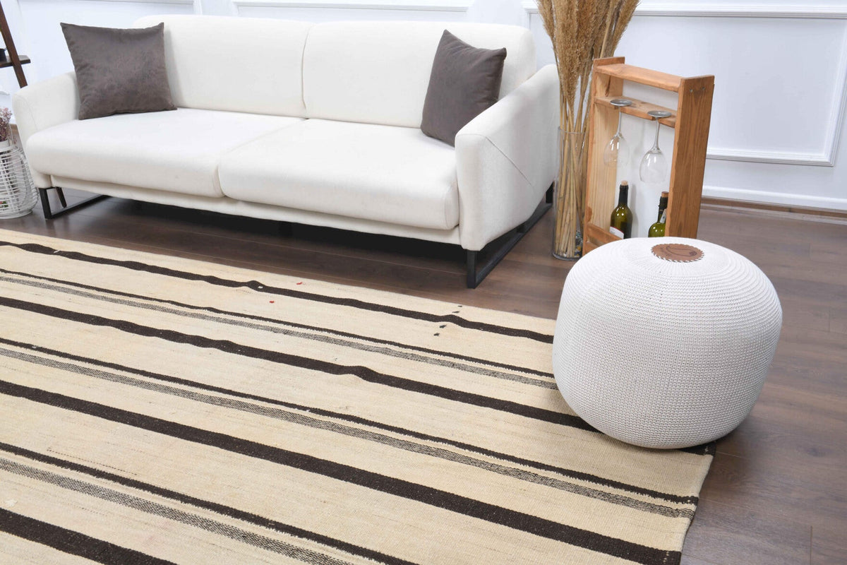 El yapımı vintage halı 155x330 cm çizgili desenli yün - yakın çekim doku detayı
