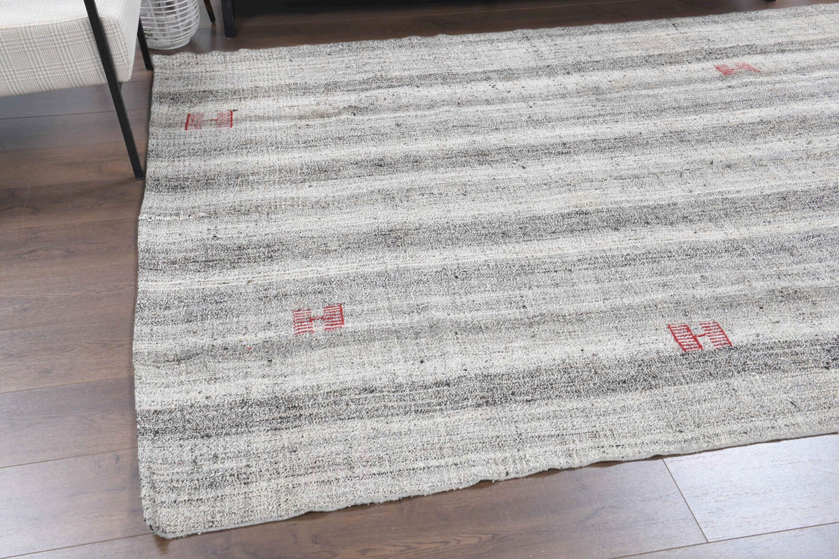Gri renkli el dokuma vintage kilim, %100 yün dokuma