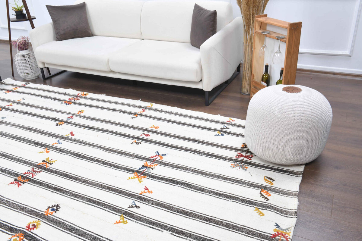 El yapımı vintage halı 170x330 cm çizgili desenli yün - yakın çekim doku detayı