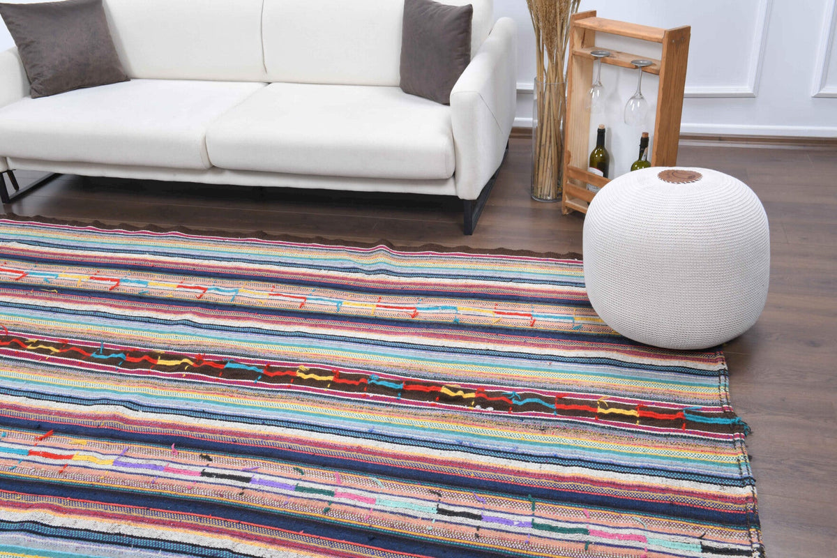 El yapımı vintage halı 173x318 cm i̇kat desenli yün - yakın çekim doku detayı