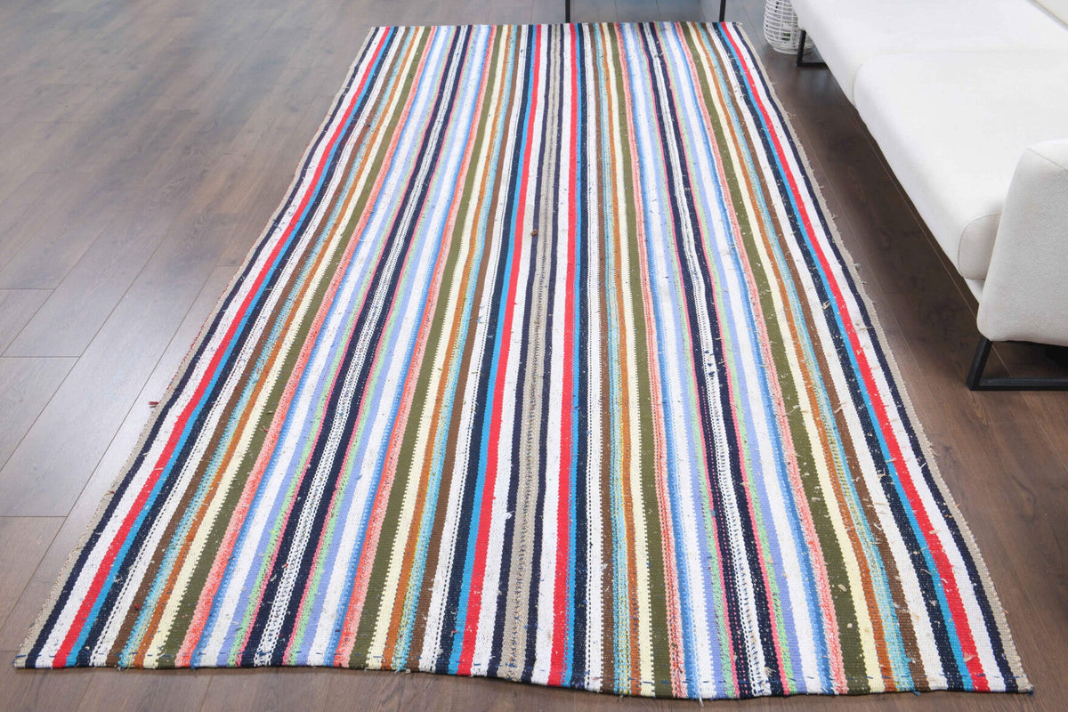 El yapımı vintage halı 163x323 cm çizgili desenli yün - yakın çekim doku detayı