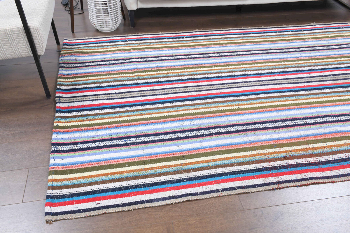 Mavi ve gri renkli el dokuma vintage kilim, %100 yün dokuma