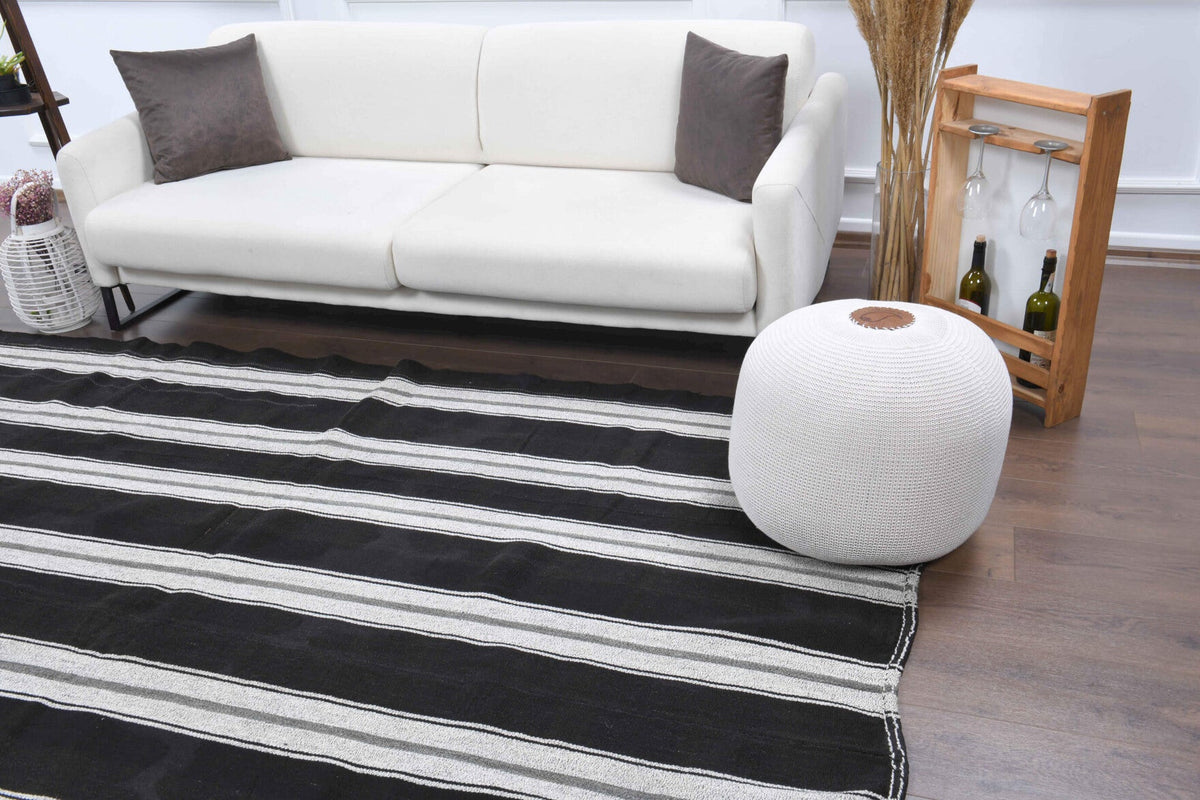 El yapımı vintage halı 224x290 cm çizgili desenli yün - yakın çekim doku detayı