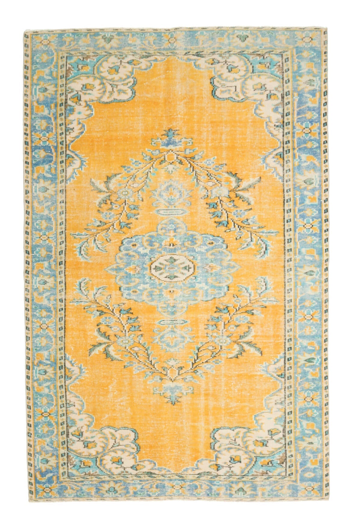 179x278 cm turuncu ve bej oryantal desenli el dokuma vintage halı – üstten tam görünüm