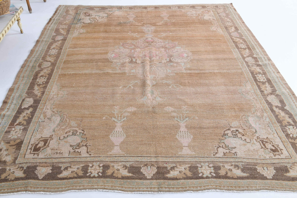 El yapımı vintage halı 229x277 cm oryantal desenli yün - detay görünümü