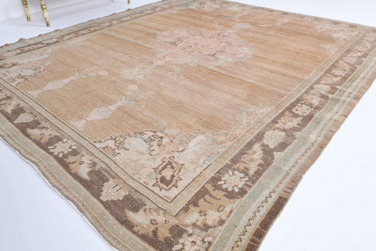 El yapımı vintage halı 229x277 cm oryantal desenli yün - yakın çekim doku detayı