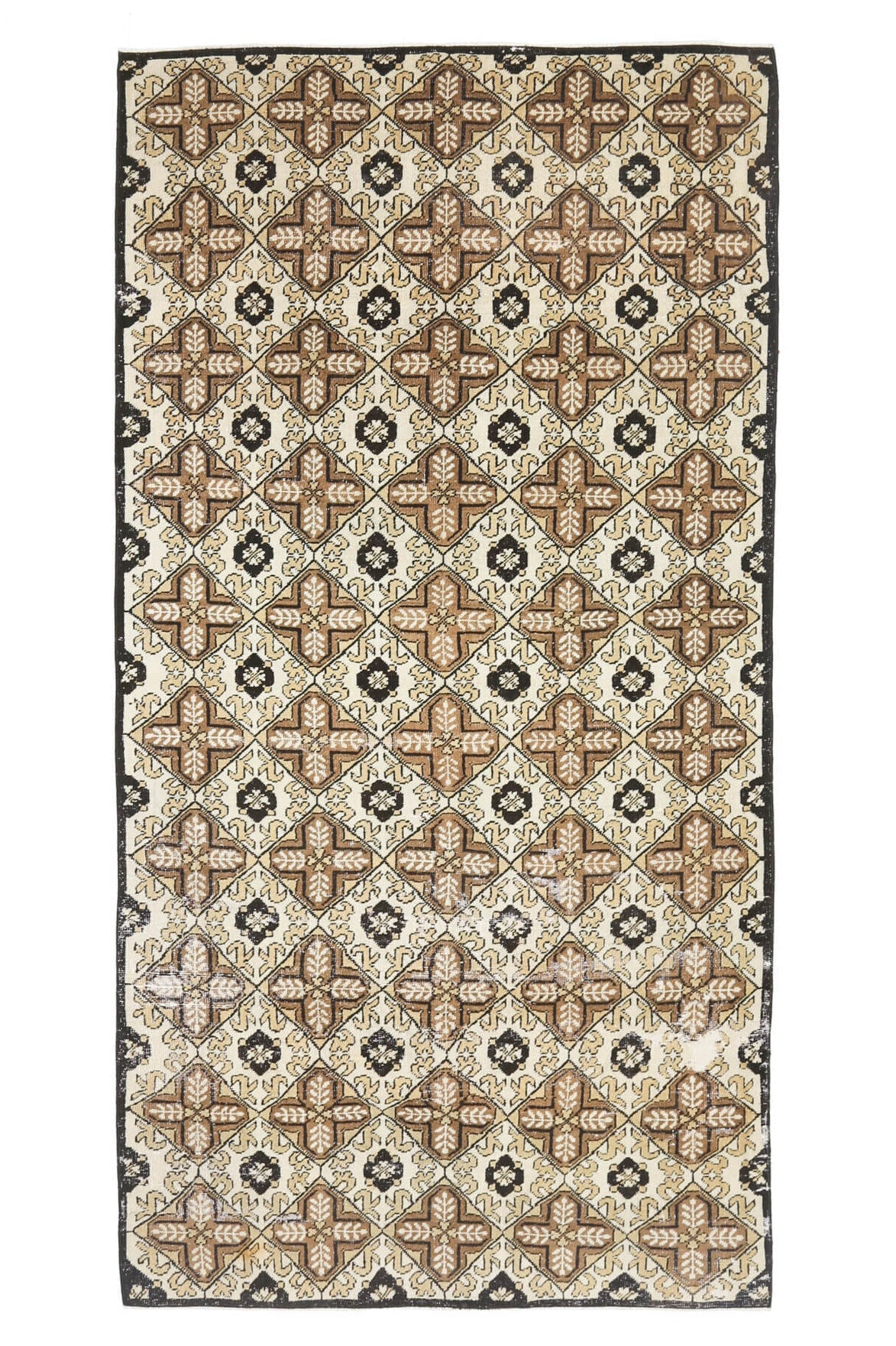 158x300 cm turuncu, kahverengi ve bej ikat desenli el dokuma vintage halı – üstten tam görünüm
