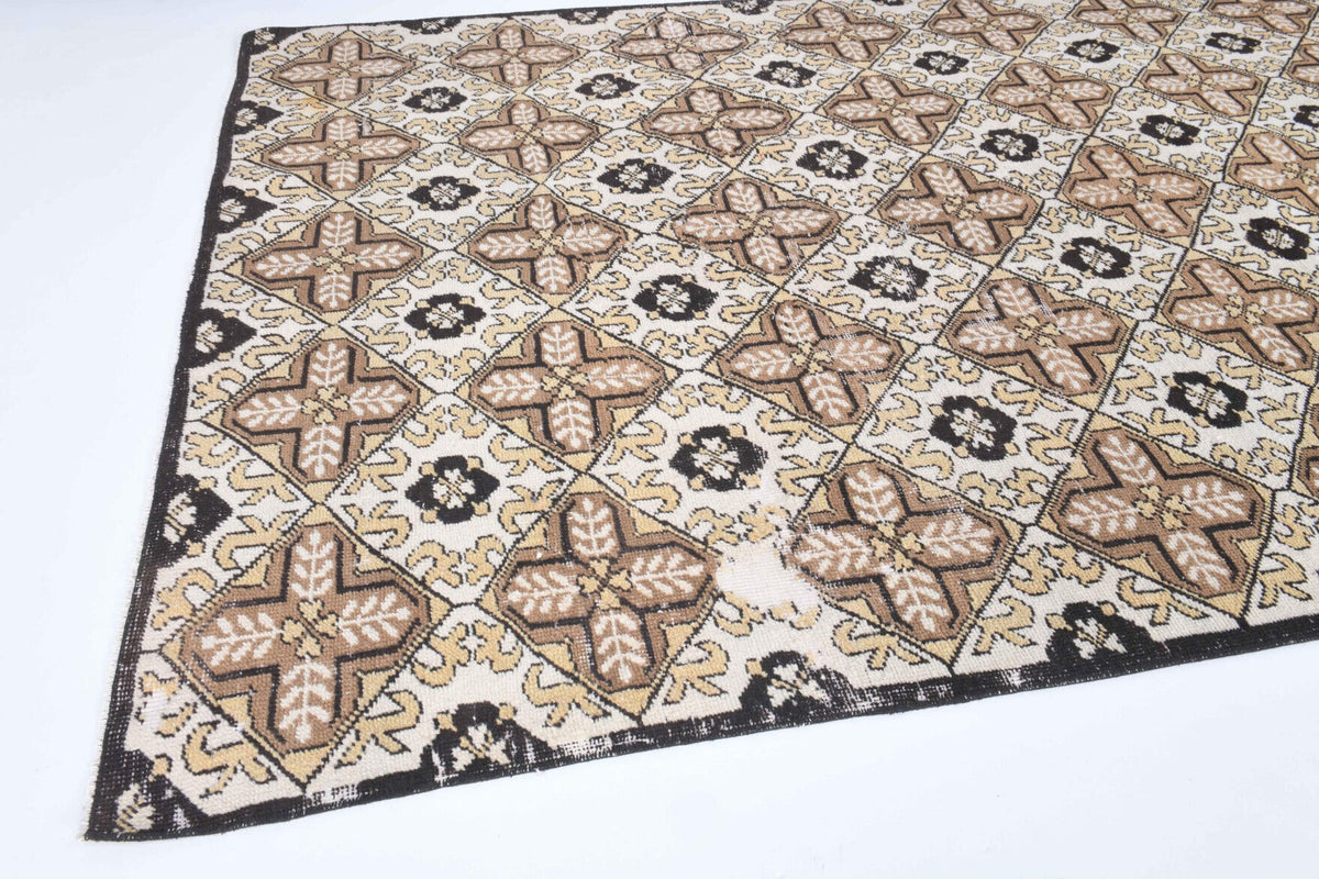 El yapımı vintage halı 157x300 cm i̇kat desenli yün - yakın çekim doku detayı