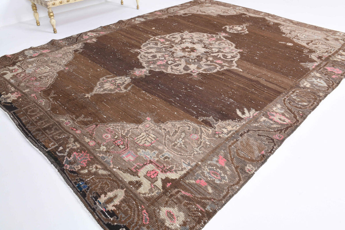El yapımı vintage halı 196x269 cm oryantal desenli yün - yakın çekim doku detayı