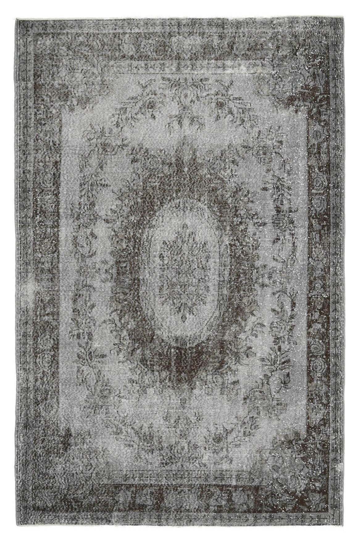 184x291 cm gri oryantal desenli el dokuma vintage halı – üstten tam görünüm